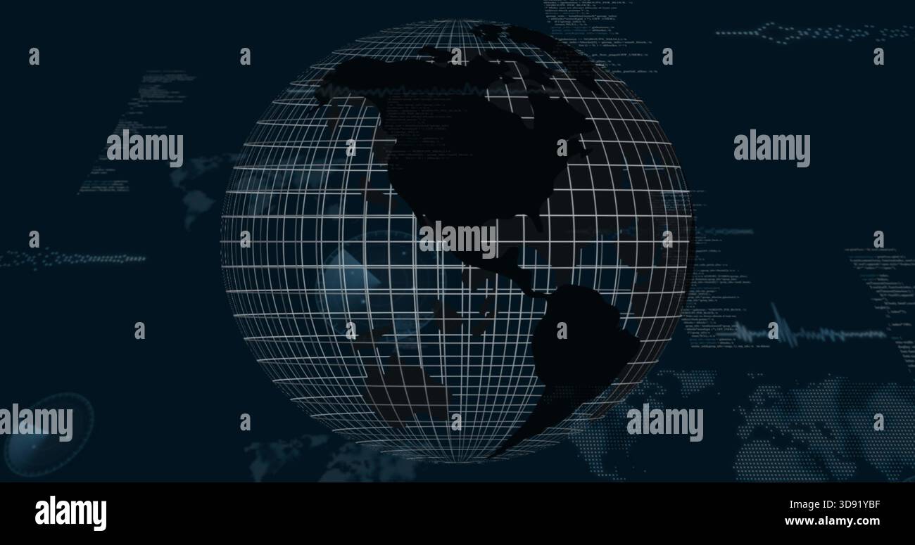 Displaying large wireframe globe rotating over dark dashboard, showing radar code waveform overlays Stock Photo