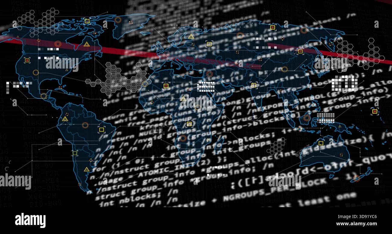 Displaying stylized world map centered in cyber dashboard, overlaying white code text with hexes Stock Photo