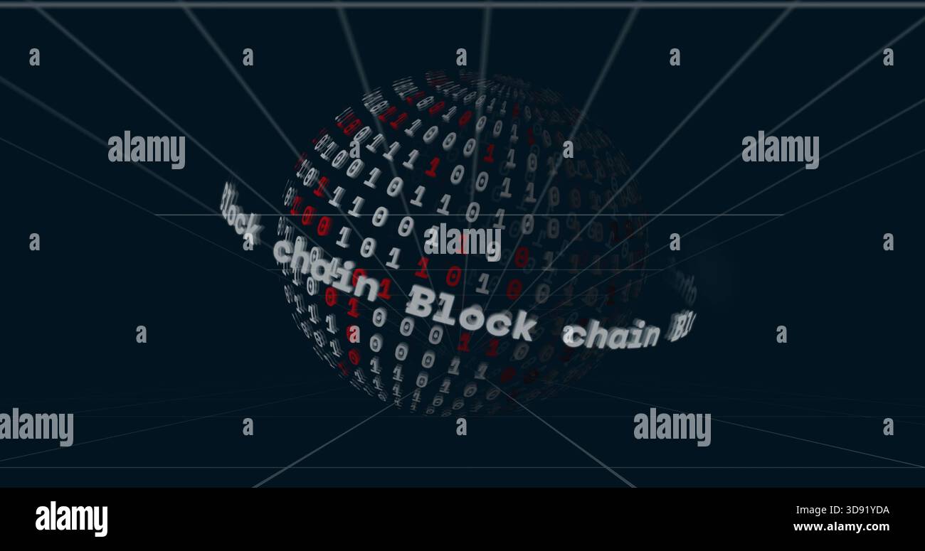 Rotating binary sphere occupying center in data space, orbiting Block chain ring with grid lines Stock Photo