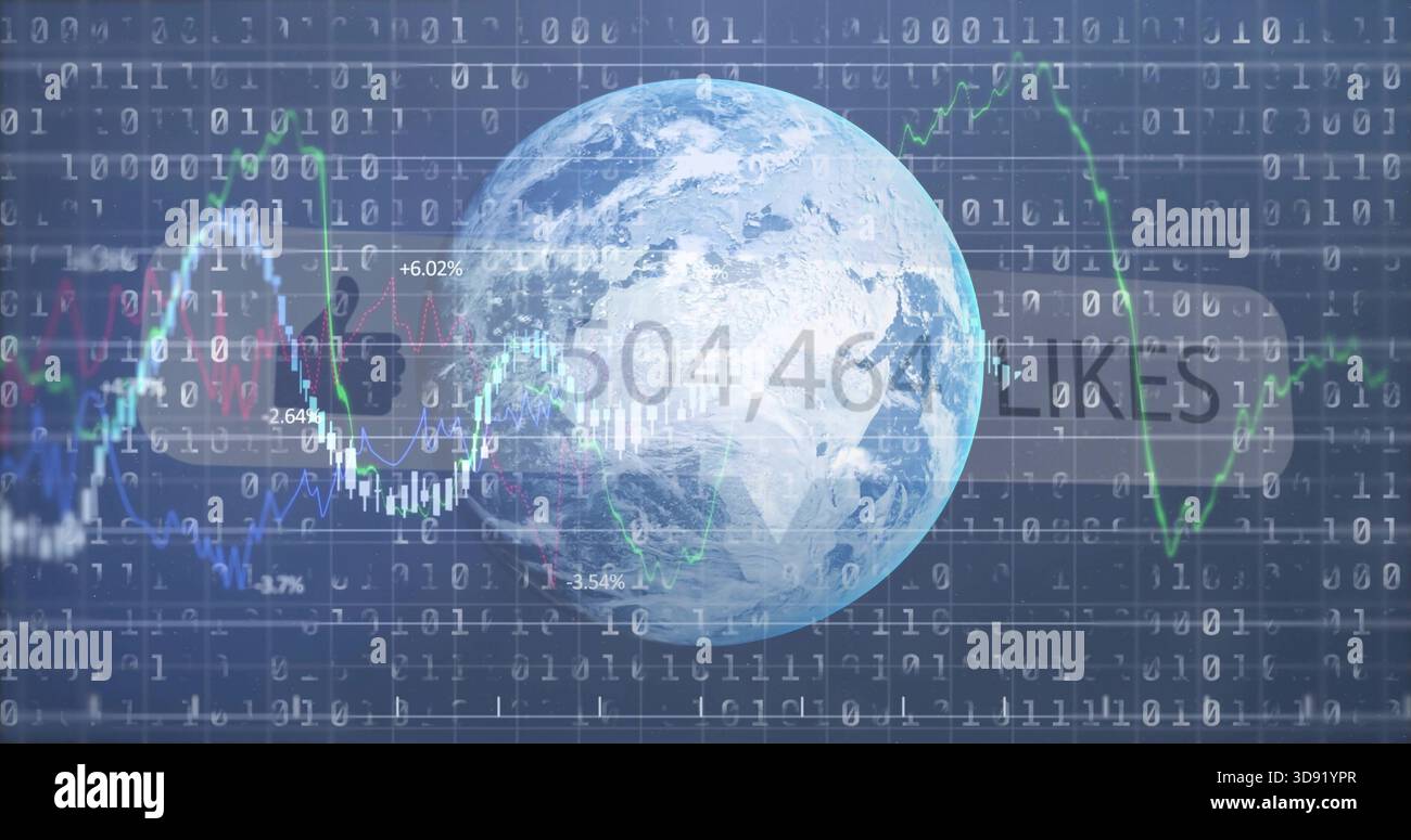 Showing Earth globe rotating in dashboard with binary code line charts percent tags like counter Stock Photo