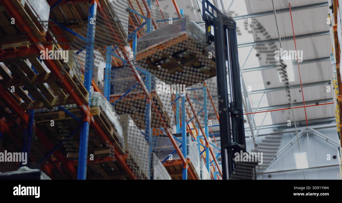 Mast Racking Lifting forklift mast holding wrapped pallet in large warehouse ...