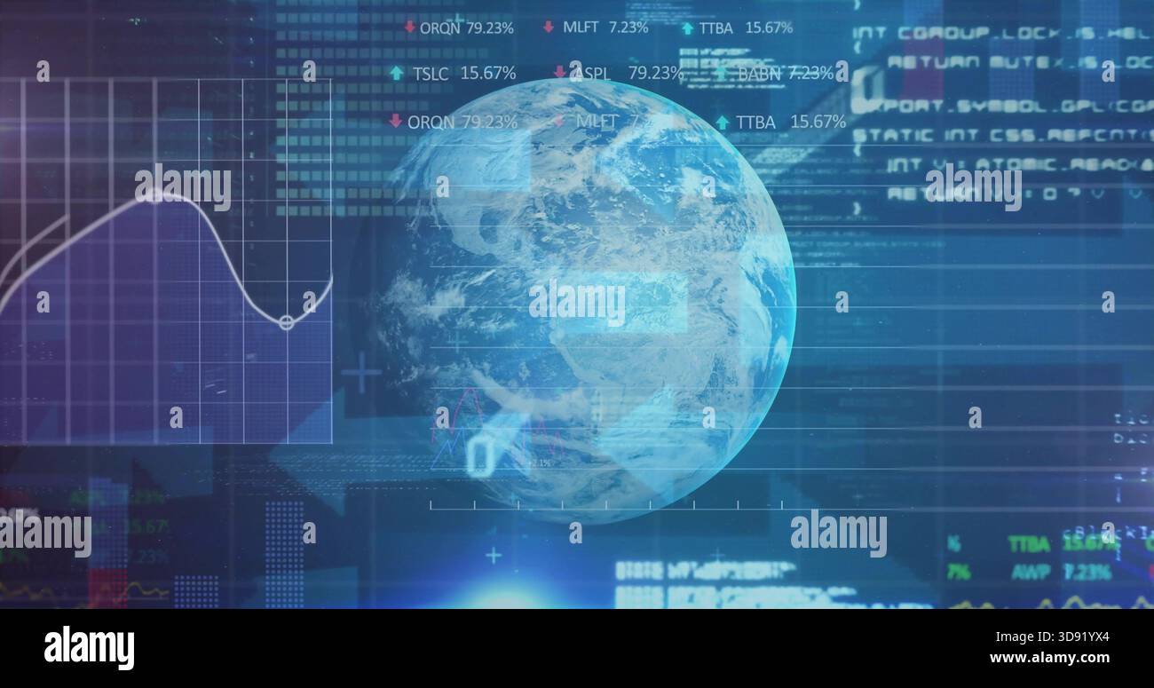 Displaying rendered Earth globe hovering over virtual dashboard, showing line chart, percent labels Stock Photo