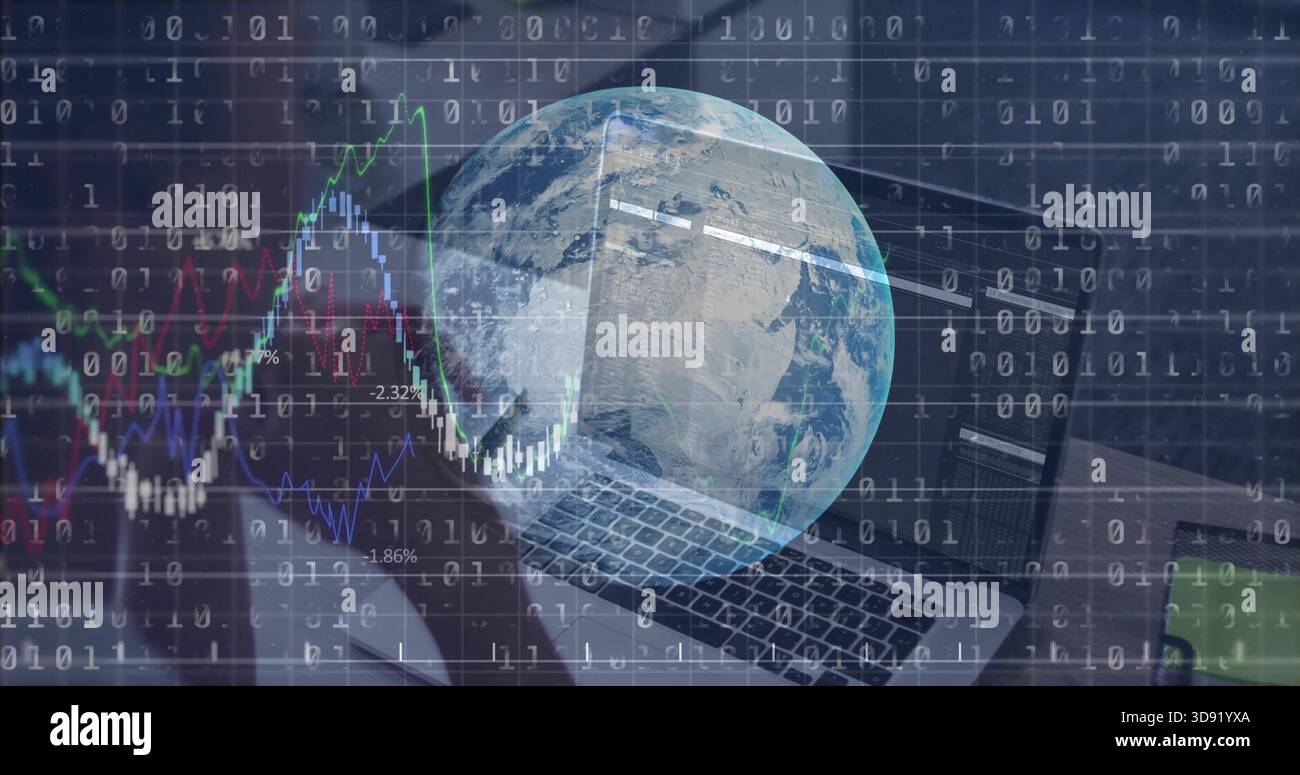 Displaying digital globe overlaying laptop keyboard at desk, with binary code and financial charts Stock Photo