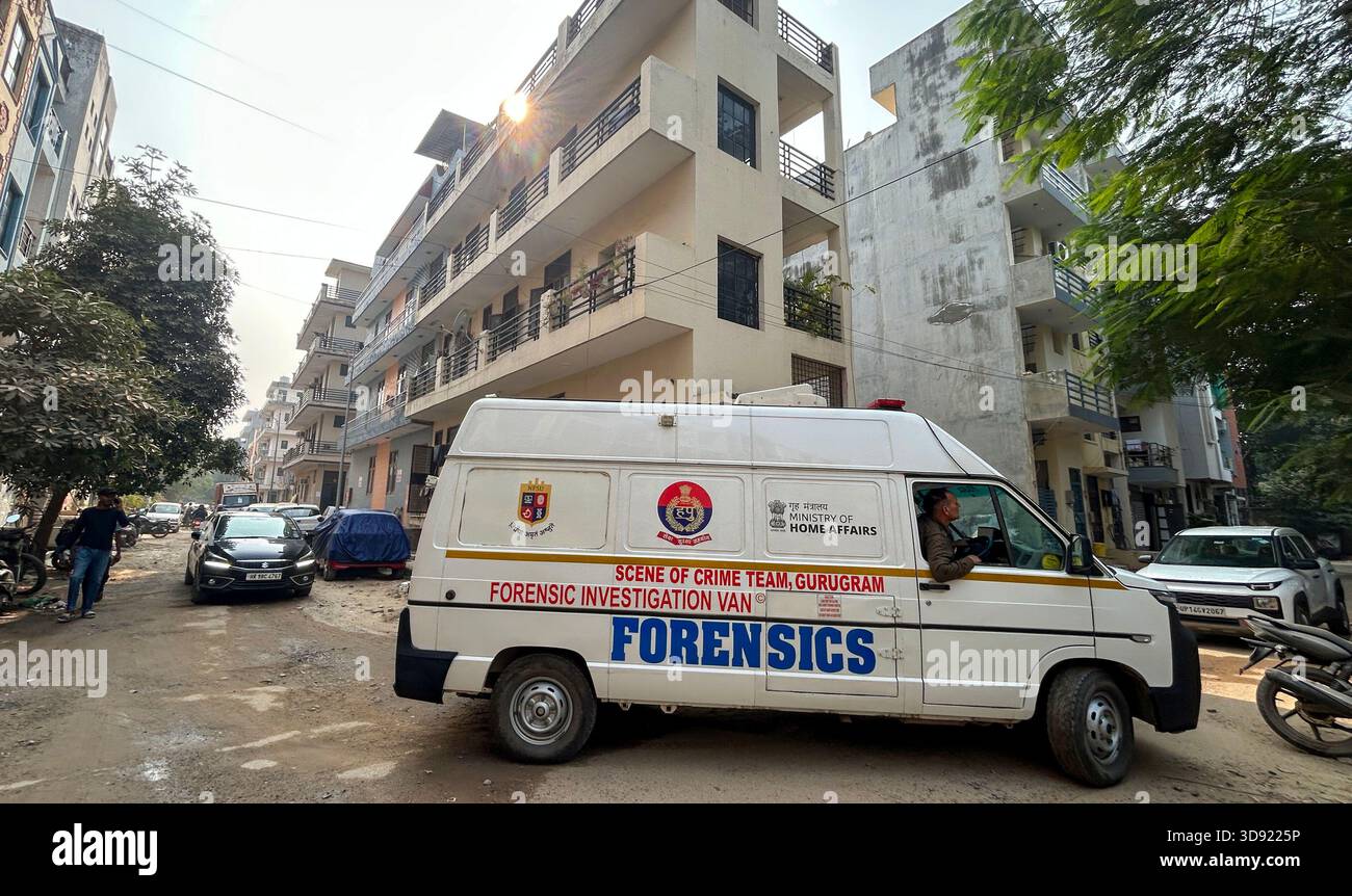 GURUGRAM, INDIA - DECEMBER 2: Police and forensic team investigation at the spot where a 21-year-old suffocated to death and his body was partially charred after he collapsed on a burning coal stove after falling unconscious inside his room in one of the EWS apartments in Malibu Towne, Sector-47, on December 2, 2025 in Gurugram, India. Police identified the deceased as Manjur Alam, originally from Dakshin Dinajpur in West Bengal. He lived alone in a rented accommodation in an EWS building in the society and worked as a delivery manager at a commercial establishment in Sadar Bazar. (Photo by Pa Stock Photo