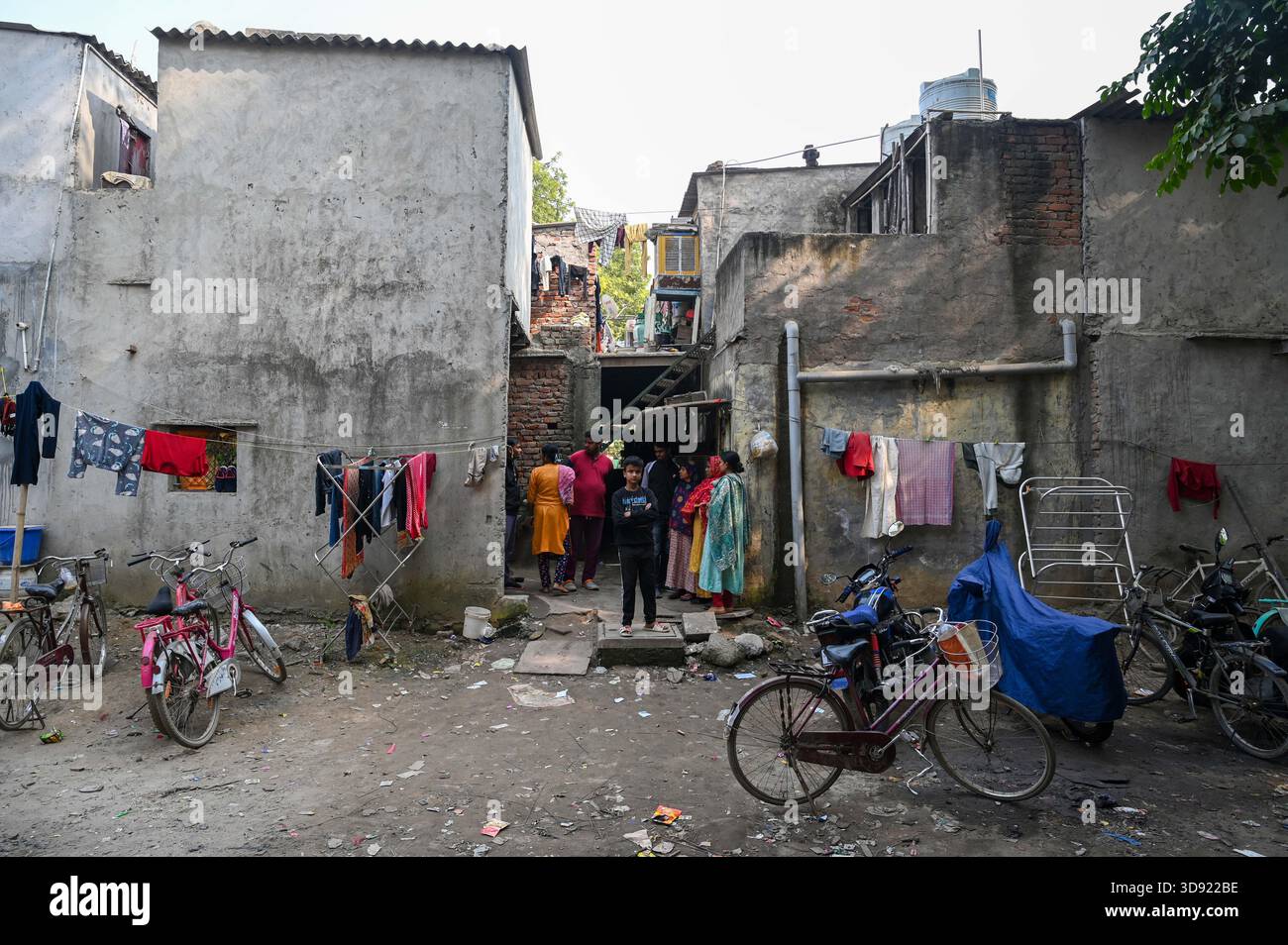 GURUGRAM, INDIA - DECEMBER 2: The spot, where a 21-year-old suffocated to death and his body was partially charred after he collapsed on a burning coal stove after falling unconscious inside his room in one of the EWS apartments in Malibu Towne, Sector-47, on December 2, 2025 in Gurugram, India. Police identified the deceased as Manjur Alam, originally from Dakshin Dinajpur in West Bengal. He lived alone in a rented accommodation in an EWS building in the society and worked as a delivery manager at a commercial establishment in Sadar Bazar. (Photo by Parveen Kumar/Hindustan Times/Sipa USA ) Stock Photo