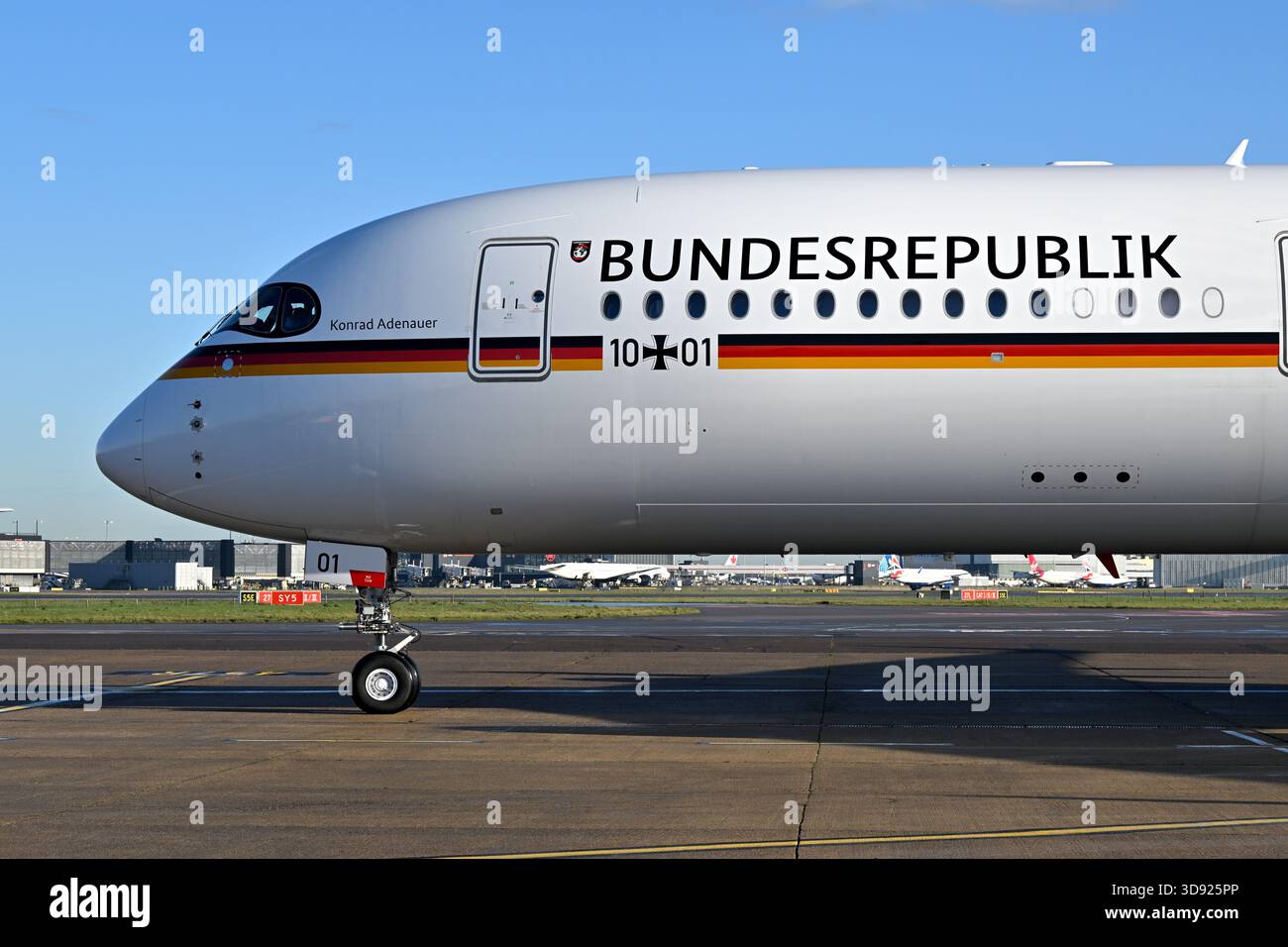 A general view of the plane with the German President Frank-Walter Steinmeier and his wife Elke Budenbender, landing at London Heathrow Airport, on day one of the state visit to the UK by the President of the Federal Republic of Germany. Picture date: Wednesday December 3, 2025. Stock Photo