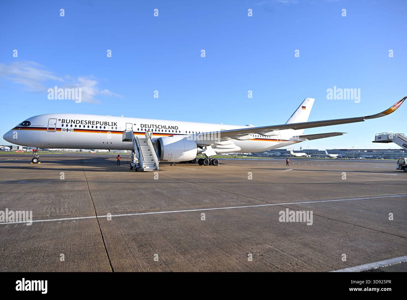 A general view of the plane with the German President Frank-Walter Steinmeier and his wife Elke Budenbender, landing at London Heathrow Airport, on day one of the state visit to the UK by the President of the Federal Republic of Germany. Picture date: Wednesday December 3, 2025. Stock Photo
