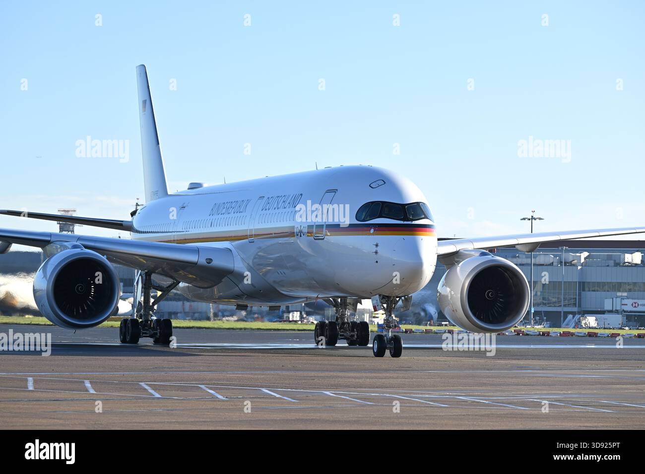 A general view of the plane with the German President Frank-Walter Steinmeier and his wife Elke Budenbender, landing at London Heathrow Airport, on day one of the state visit to the UK by the President of the Federal Republic of Germany. Picture date: Wednesday December 3, 2025. Stock Photo