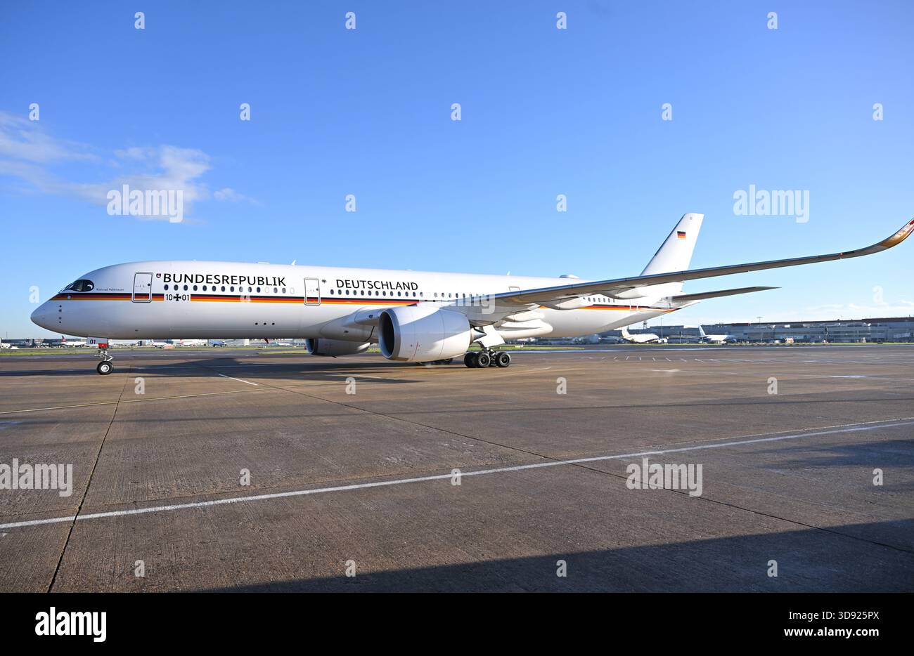 A general view of the plane with the German President Frank-Walter Steinmeier and his wife Elke Budenbender, landing at London Heathrow Airport, on day one of the state visit to the UK by the President of the Federal Republic of Germany. Picture date: Wednesday December 3, 2025. Stock Photo