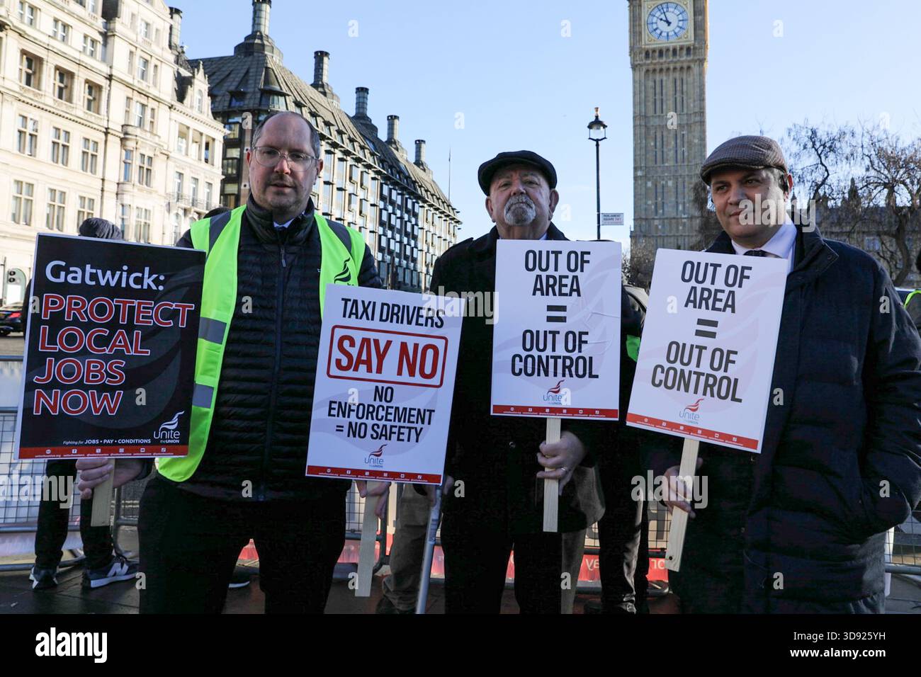 London, UK, 3rd November 2025. Unite Union activists hold placards during a demonstration outside parliament. Taxi and private hire drivers protested in Westminster, calling for action on the Casey report's call to end out-of-area licensing. The demonstration, organised by the Unite union, brought together drivers from across the UK who are concerned about regulations, safety, and driver incomes. The key issue is licence shopping—current laws allow drivers to get licensed by any local authority, no matter where they intend to work. Credit:James Willoughby/ALAMY Live News Stock Photo