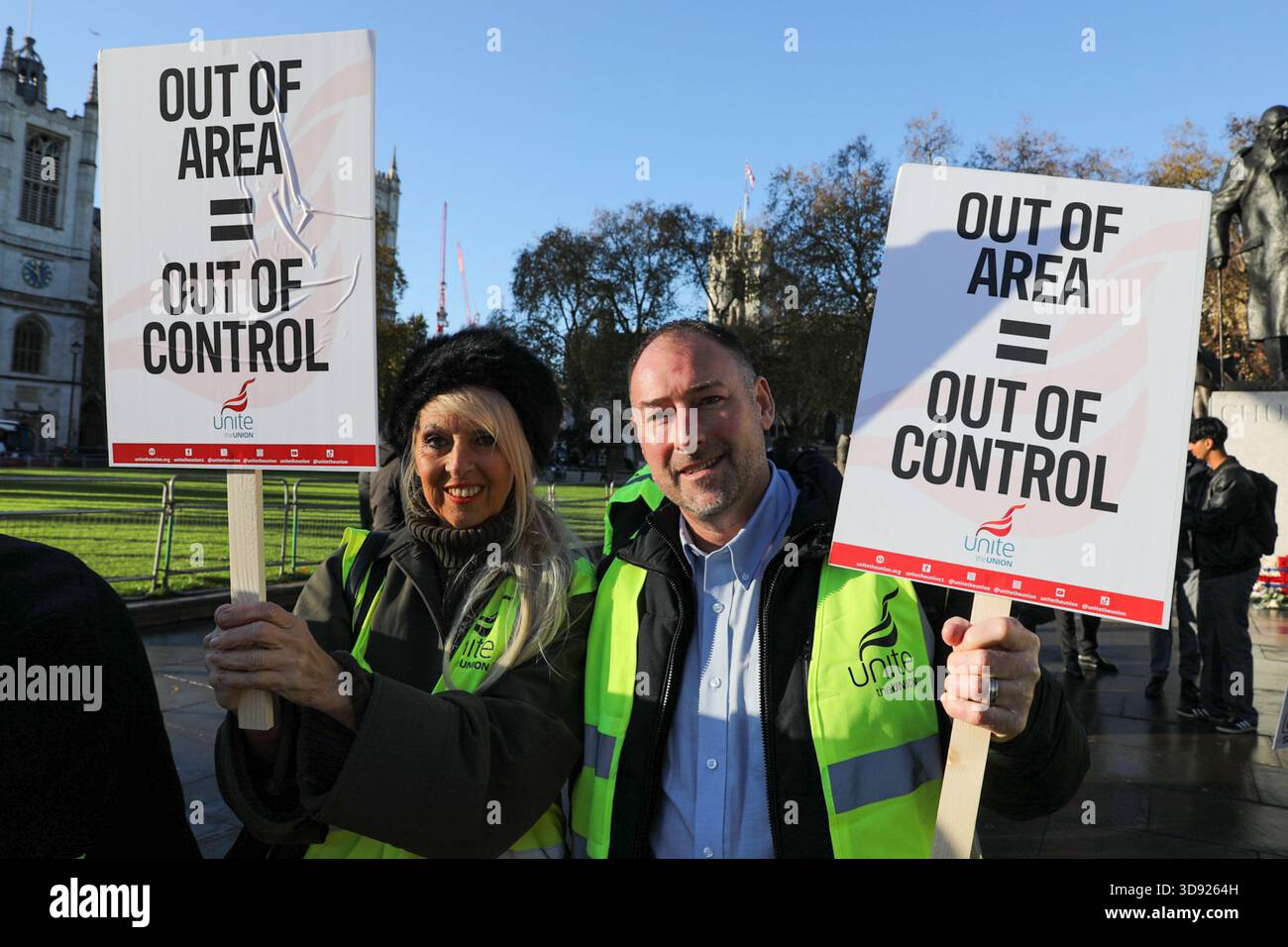 London, UK, 3rd November 2025. Two Unite Union members hold placards during a demonstration.Taxi and private hire drivers protested in Westminster, calling for action on the Casey report's call to end out-of-area licensing. The demonstration, organised by the Unite union, brought together drivers from across the UK who are concerned about regulations, safety, and driver incomes. The key issue is licence shopping—current laws allow drivers to get licensed by any local authority, no matter where they intend to work. Credit:James Willoughby/ALAMY Live News Stock Photo