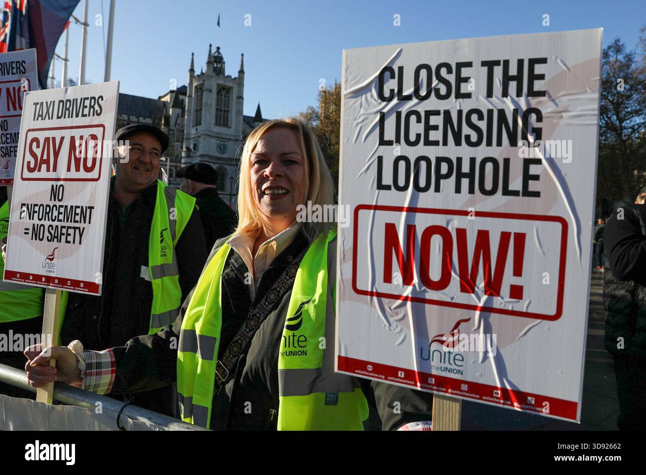 London, UK, 3rd November 2025. A Unite Union member holds a placard during a demonstration.Taxi and private hire drivers protested in Westminster, calling for action on the Casey report's call to end out-of-area licensing. The demonstration, organised by the Unite union, brought together drivers from across the UK who are concerned about regulations, safety, and driver incomes. The key issue is licence shopping—current laws allow drivers to get licensed by any local authority, no matter where they intend to work. Credit:James Willoughby/ALAMY Live News Stock Photo