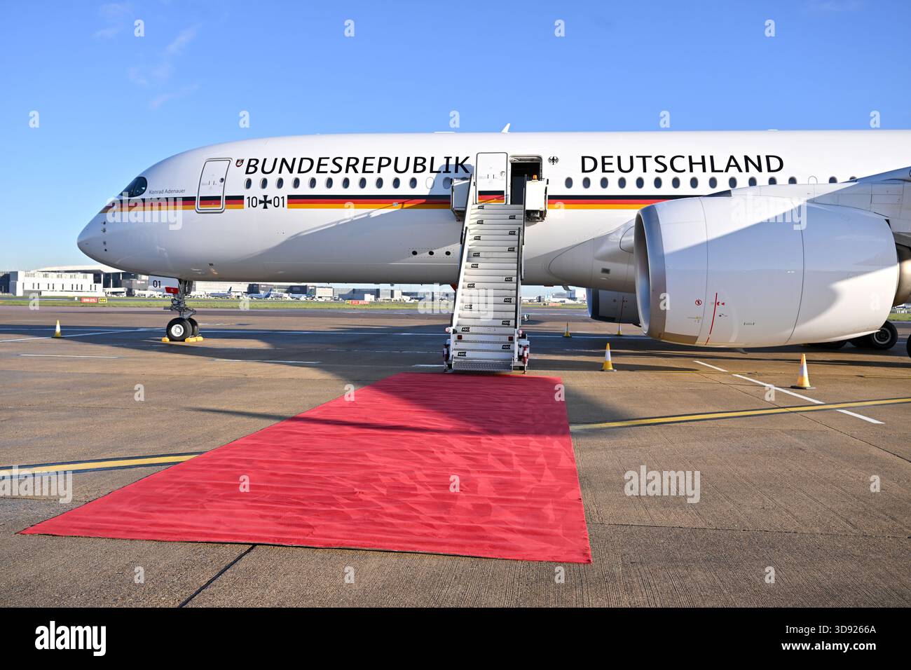 A general view of the plane with the German President Frank-Walter Steinmeier and his wife Elke Budenbender, being prepared for disembarkation at London Heathrow Airport, on day one of the state visit to the UK by the President of the Federal Republic of Germany. Picture date: Wednesday December 3, 2025. Stock Photo