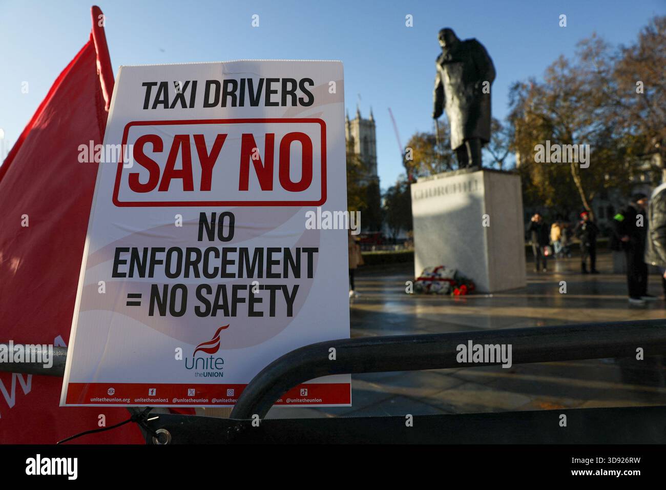 London, UK, 3rd November 2025. Taxi and private hire drivers protested in Westminster, calling for action on the Casey report's call to end out-of-area licensing. The demonstration, organised by the Unite union, brought together drivers from across the UK who are concerned about regulations, safety, and driver incomes. The key issue is licence shopping—current laws allow drivers to get licensed by any local authority, no matter where they intend to work. Credit:James Willoughby/ALAMY Live News Stock Photo