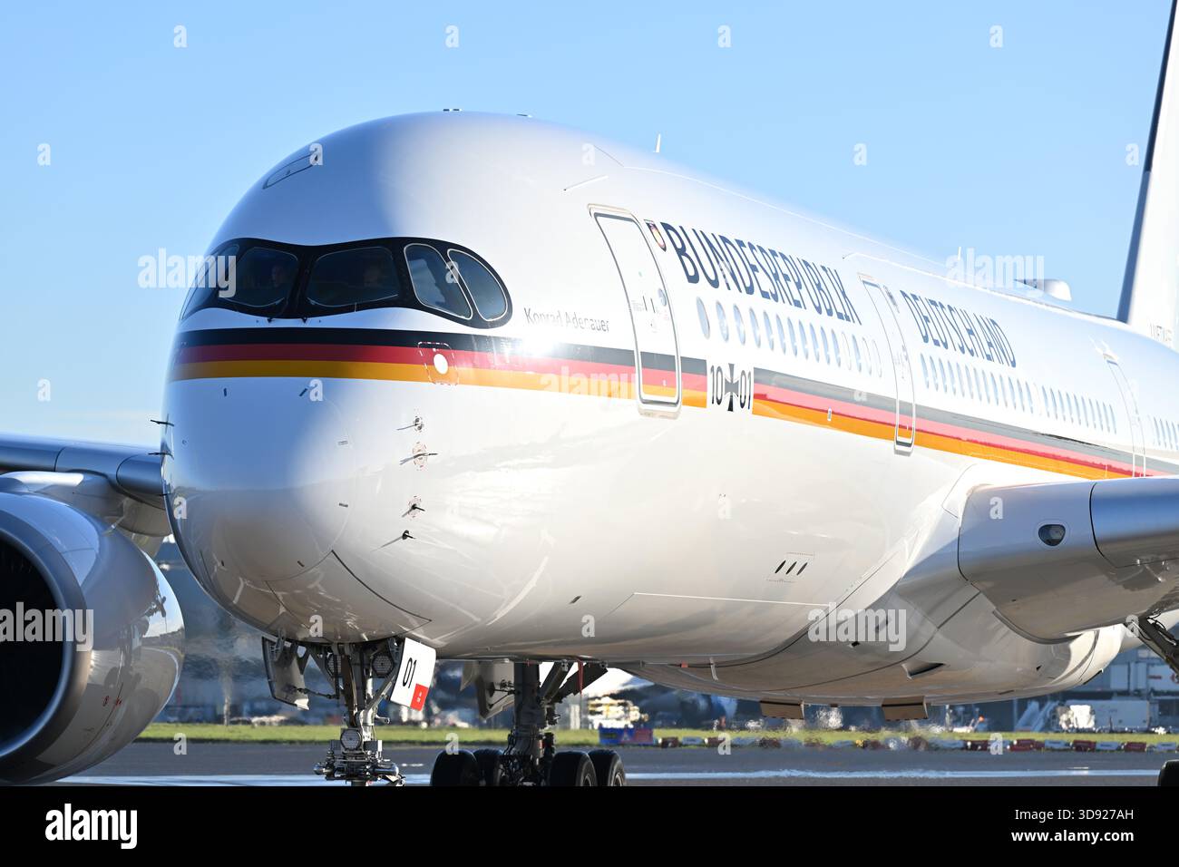 A general view of the plane with the German President Frank-Walter Steinmeier and his wife Elke Budenbender, landing at London Heathrow Airport, on day one of the state visit to the UK by the President of the Federal Republic of Germany. Picture date: Wednesday December 3, 2025. Stock Photo