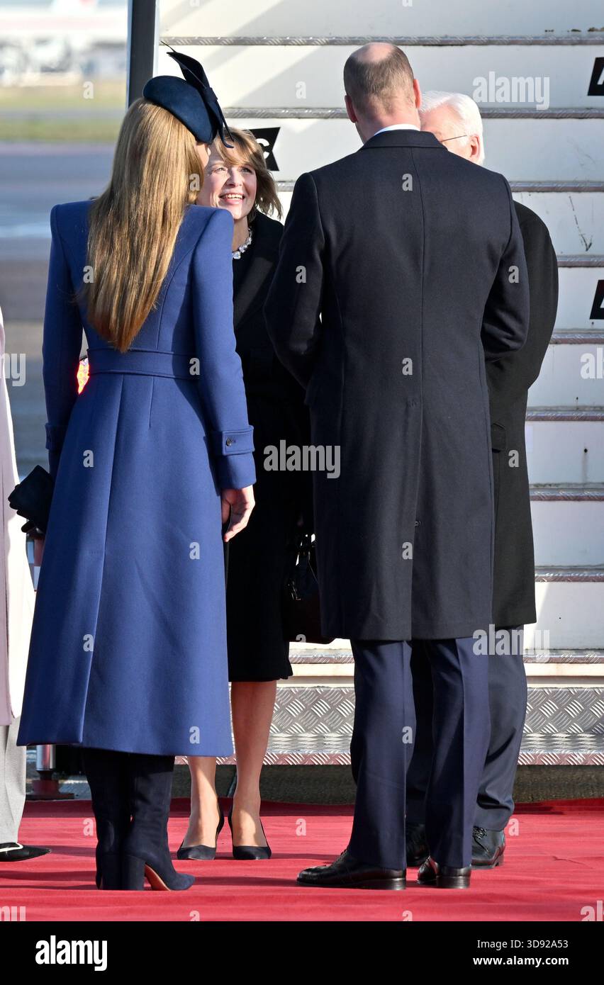 The Prince and Princess of Wales greet German President Frank-Walter Steinmeier and his wife Elke Budenbender as they arrive at London Heathrow Airport, on day one of the state visit to the UK by the President of the Federal Republic of Germany. Picture date: Wednesday December 3, 2025. Stock Photo