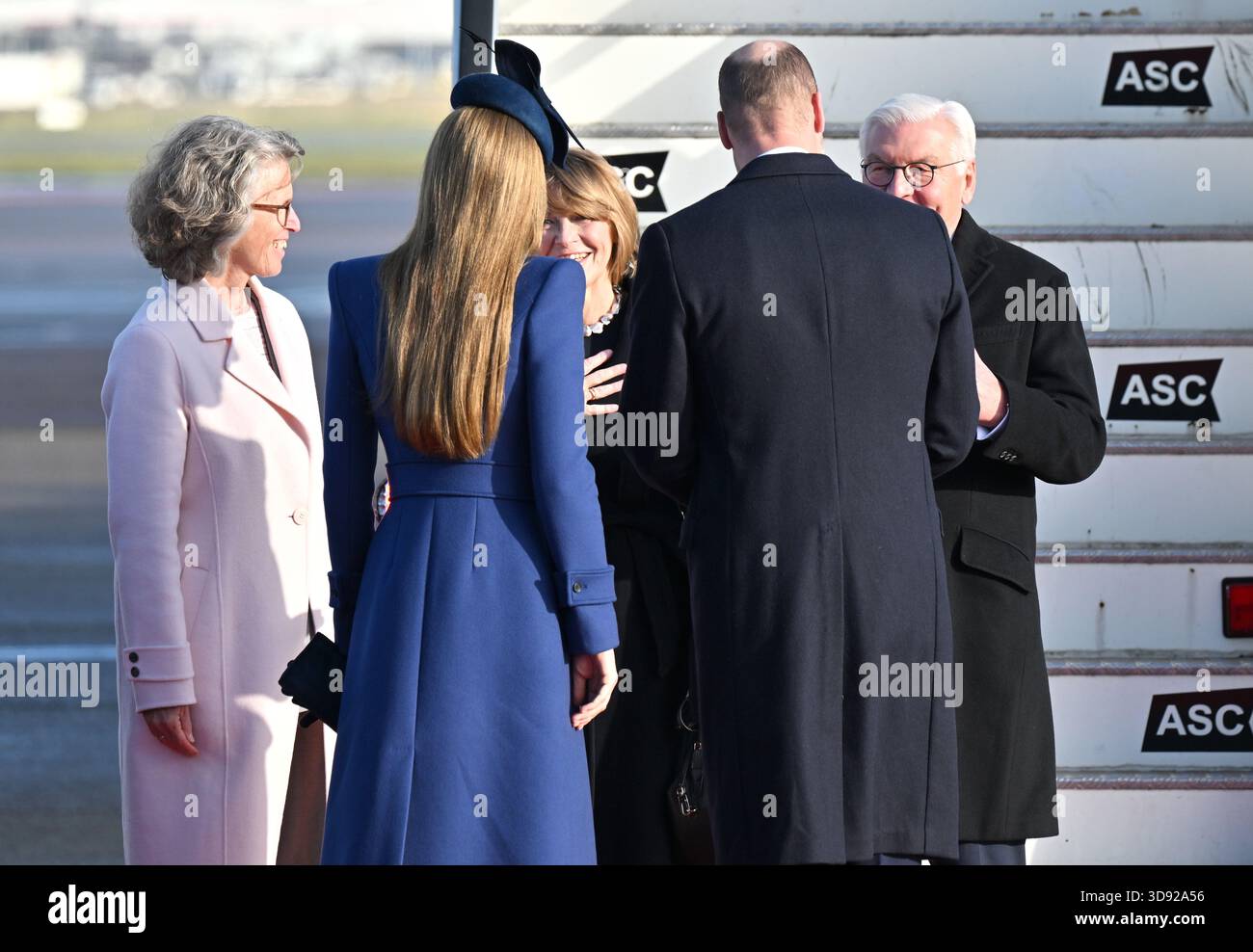 Susanne Baumann, German Ambassador to the UK (left) and the Prince and Princess of Wales greet German President Frank-Walter Steinmeier and his wife Elke Budenbender as they arrive at London Heathrow Airport, on day one of the state visit to the UK by the President of the Federal Republic of Germany. Picture date: Wednesday December 3, 2025. Stock Photo