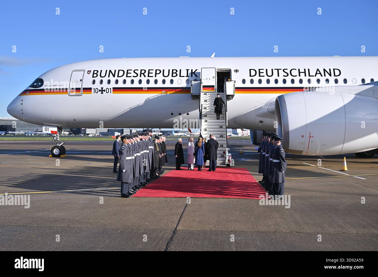 The Prince and Princess of Wales greet German President Frank-Walter Steinmeier and his wife Elke Budenbender as they arrive at London Heathrow Airport, on day one of the state visit to the UK by the President of the Federal Republic of Germany. Picture date: Wednesday December 3, 2025. Stock Photo