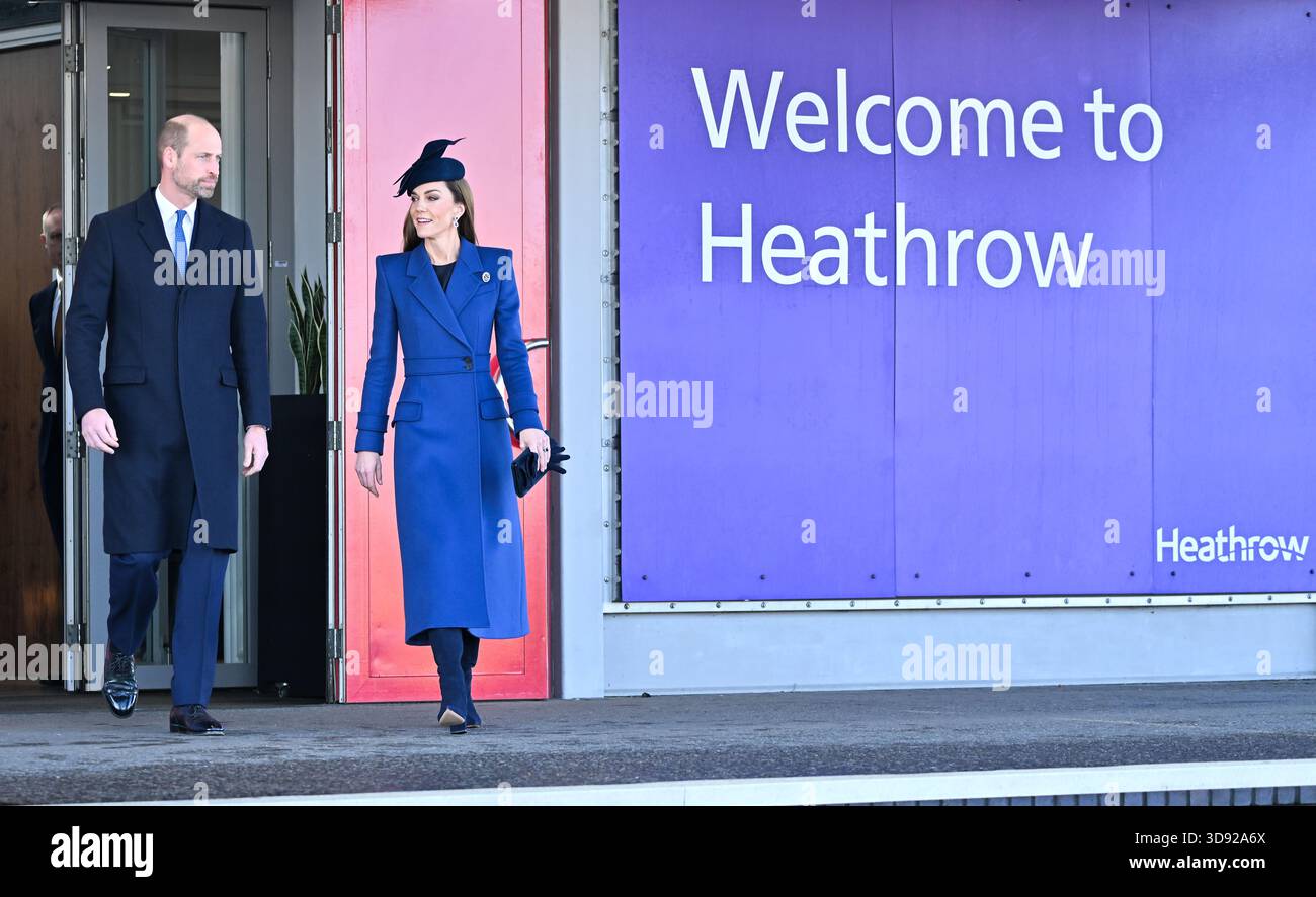 The Prince and Princess of Wales arrive to welcome German President Frank-Walter Steinmeier and his wife Elke Budenbender as they arrive at London Heathrow Airport, on day one of the state visit to the UK by the President of the Federal Republic of Germany. Picture date: Wednesday December 3, 2025. Stock Photo