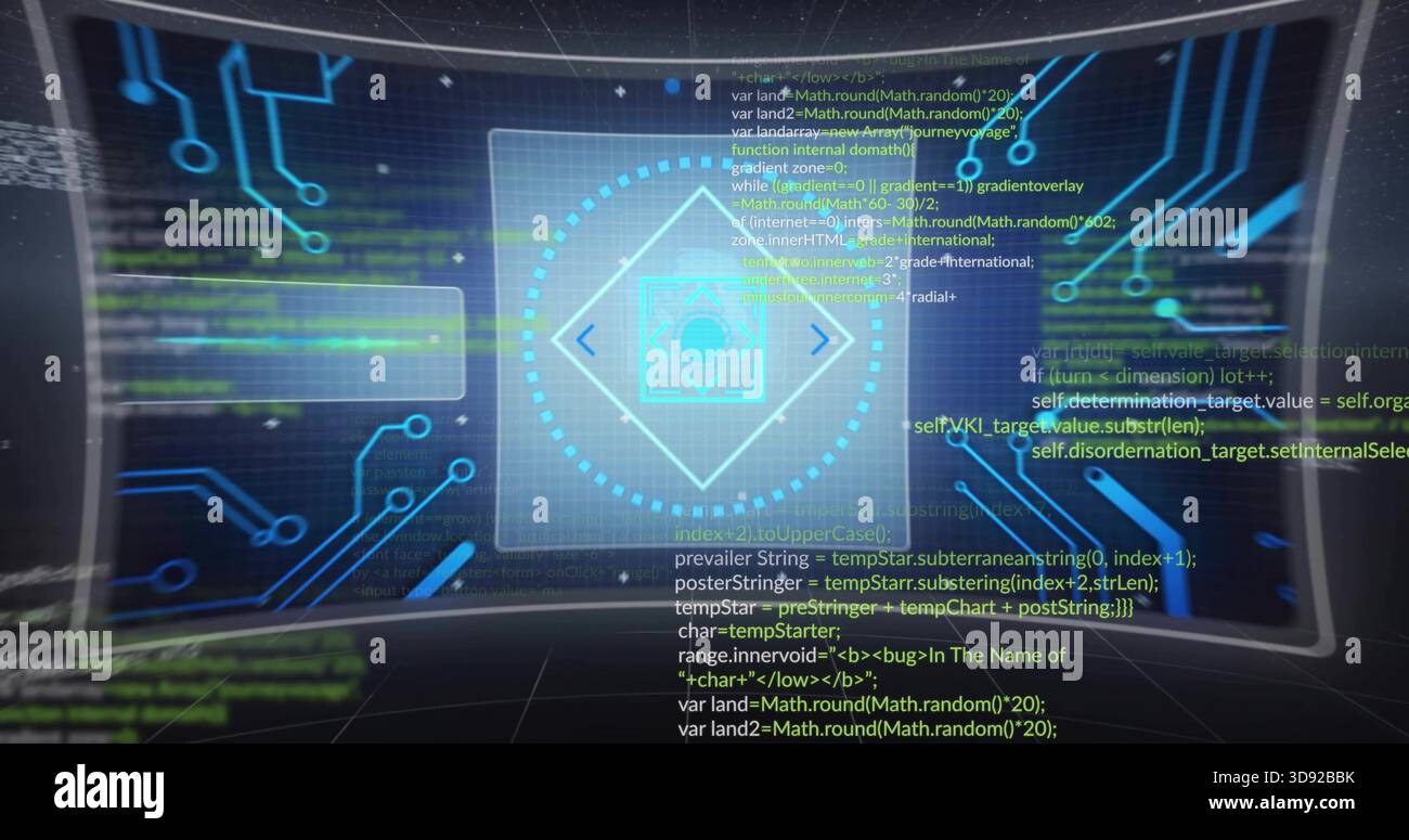 Displaying central hologram panel filling curved display, with diamond icon, dotted ring, code Stock Photo