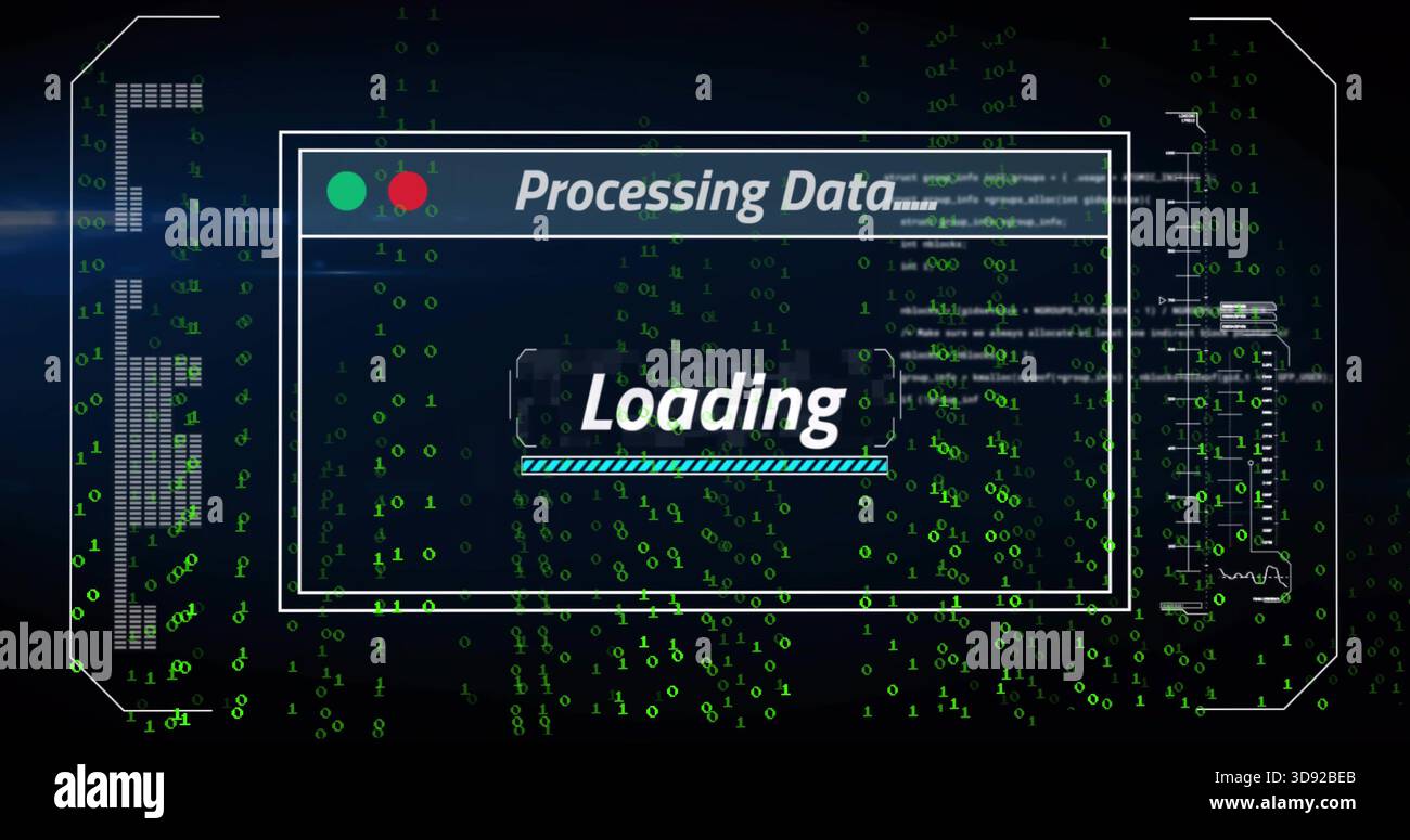 Displaying central white-framed dialog box on virtual interface, showing teal-striped progress bar Stock Photo