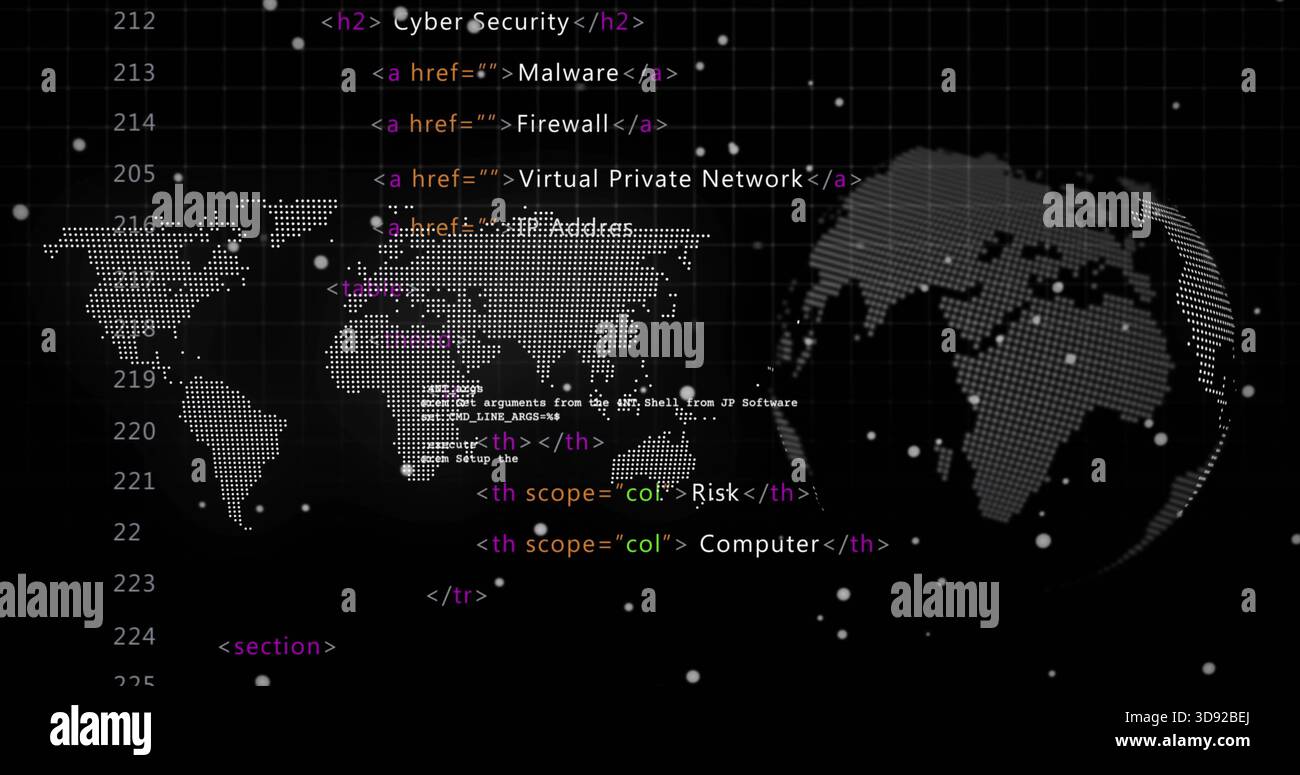 Displaying dotted world map and dotted 3D globe pulsing in cyber dashboard, with code Stock Photo