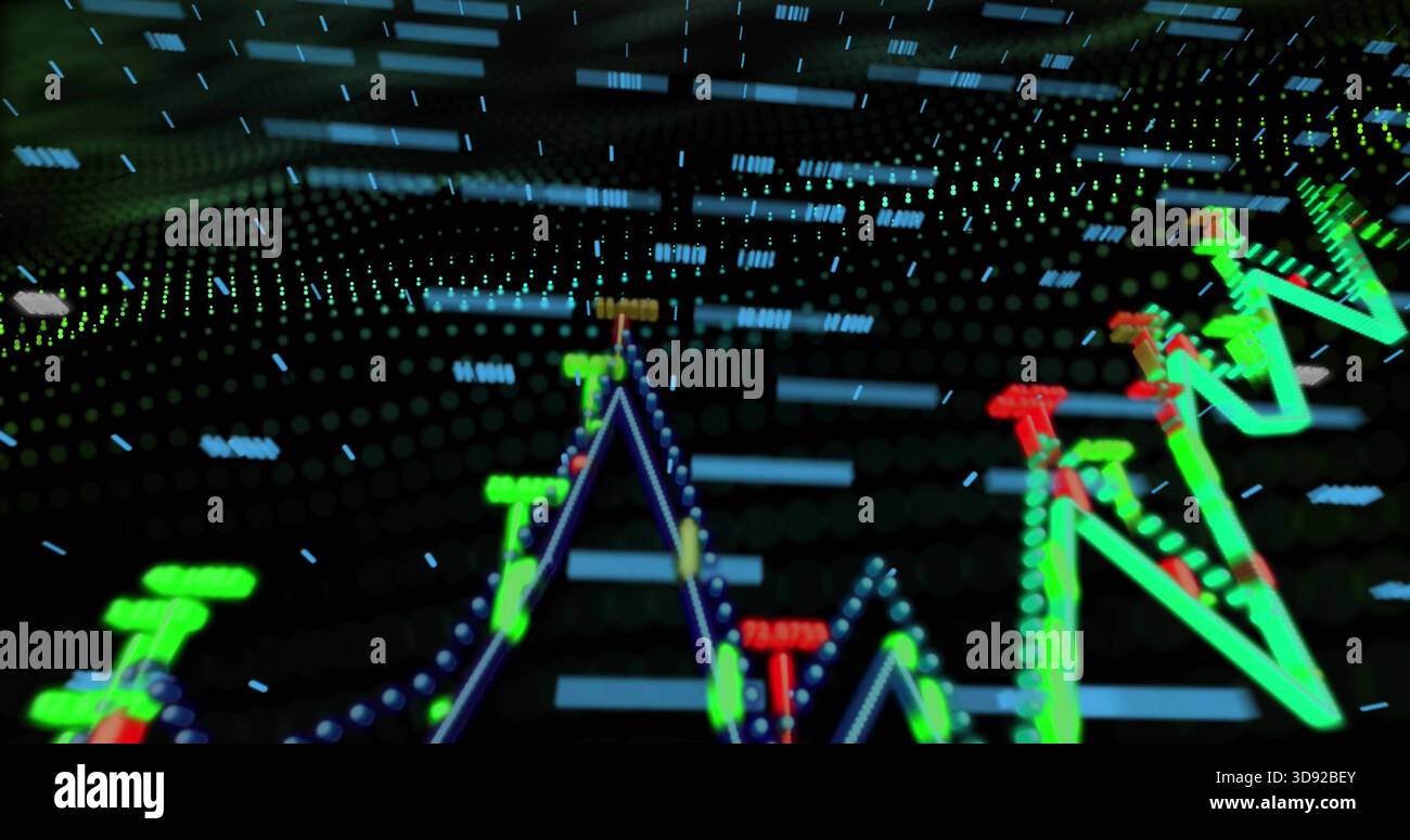 Displaying neon zigzag line chart moving across virtual trading dashboard, with glowing data nodes Stock Photo