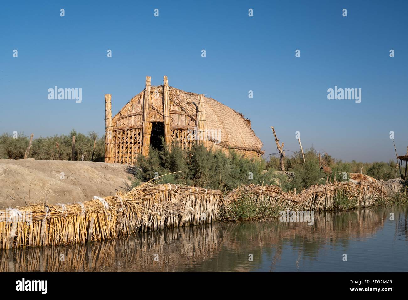 Grand Reed Mudhif and Woven Reed Water Barrier on a Raised Bank in the ...