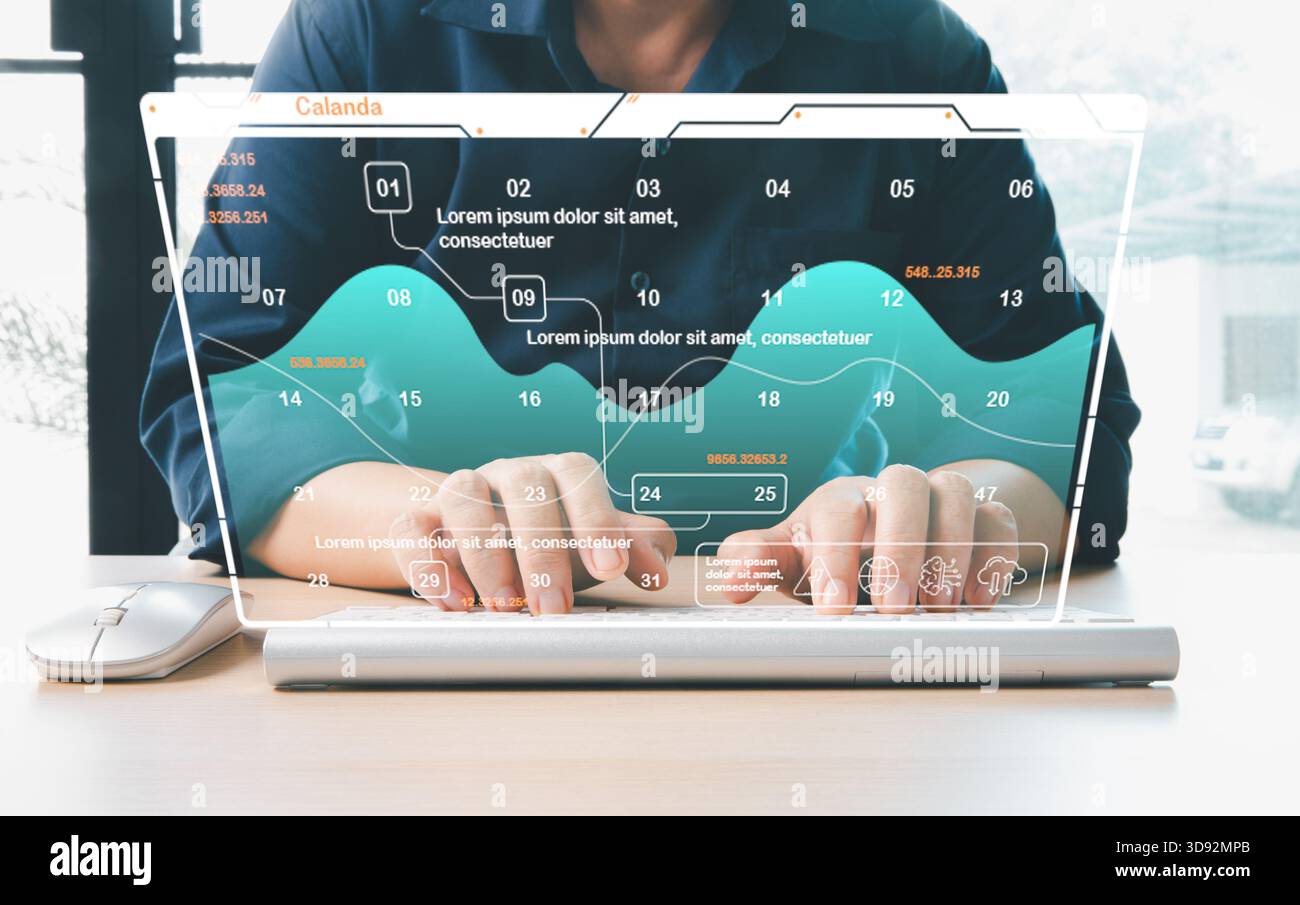 Hand typing laptop futuristic digital dashboard displaying data points analytics charts interface elements representing data analysis business intelli Stock Photo