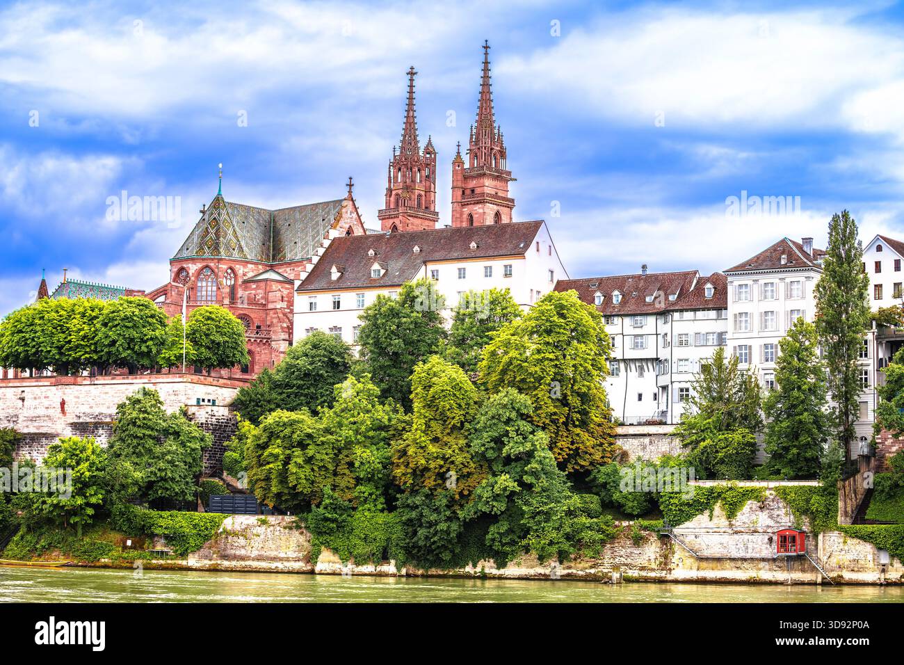 Basel, Switzerland. Basler Munster gothic style church above Rhine river view , northwestern Switzerland Stock Photo