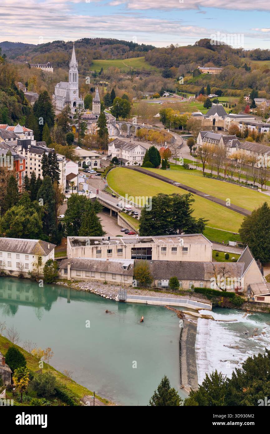 LOURDES, FRANCE: Aerial view of Lourdes France featuring the Basilica ...