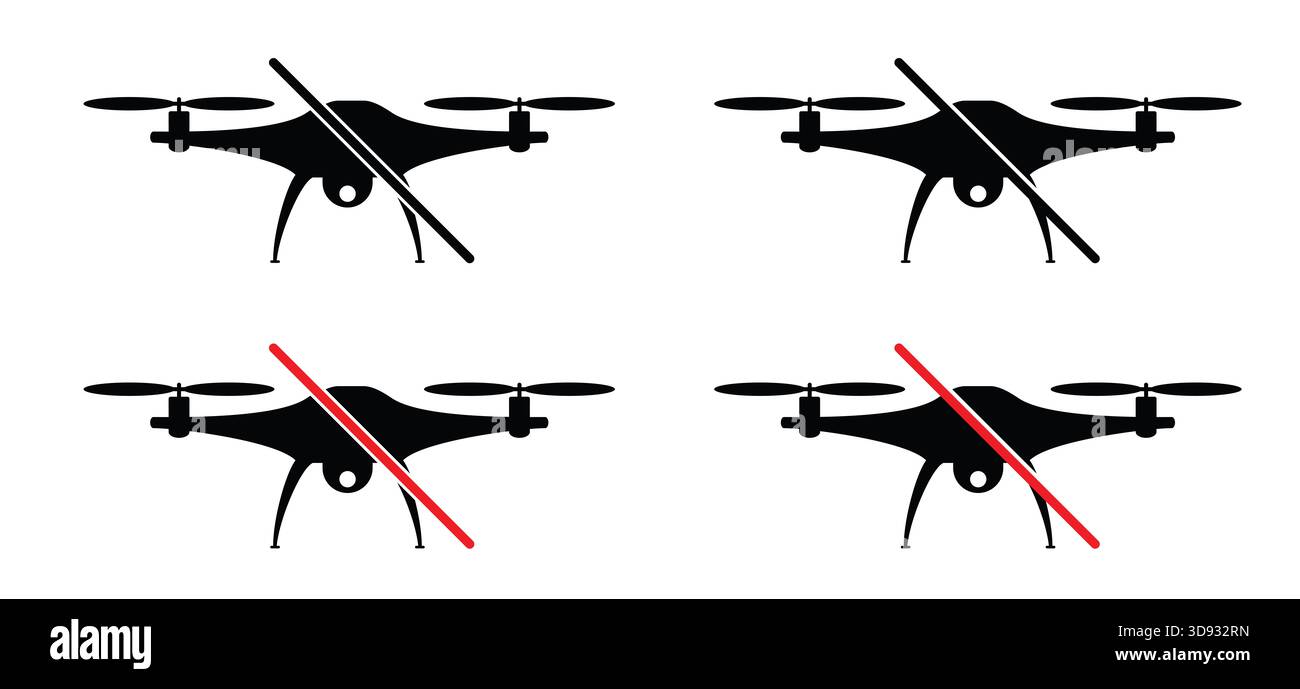 Warning, no flying drone icon. No Prohibited, unmanned aerial vehicles ...