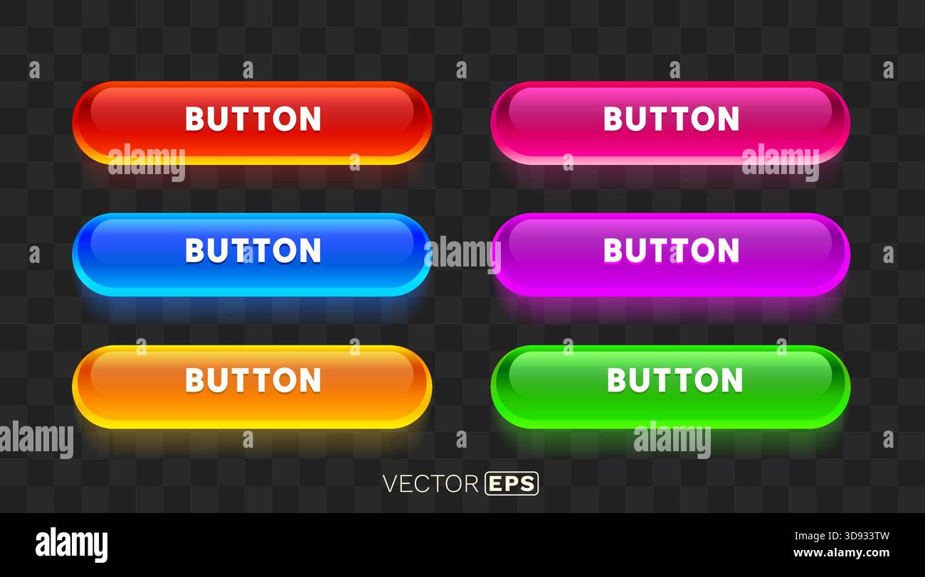 Set of colorful glossy buttons with glowing effect, perfect for modern UI design. Vector illustration Stock Vector