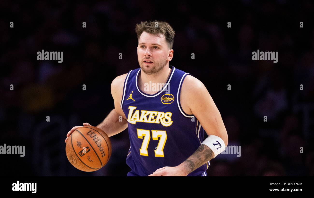 Los Angeles Lakers guard Luka Doncic (77) gestures during the second ...