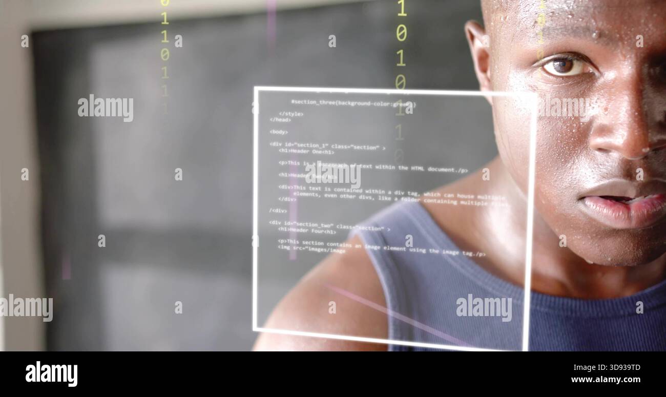Studying developer in dark blue sleeveless shirt viewing code UI panel in studio with binary digits Stock Photo
