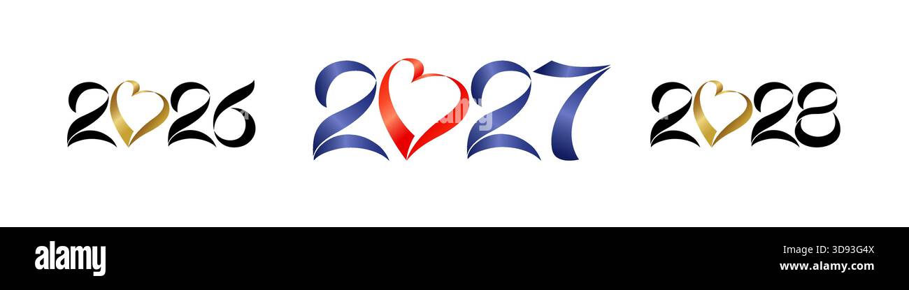 Set of creative icons for New Year 2026, 2027 and 2028 celebration. 3D number and heart design Stock Vector