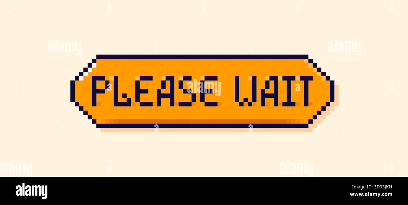 Pixel art user interface orange speech bubble Please wait. Stock Vector