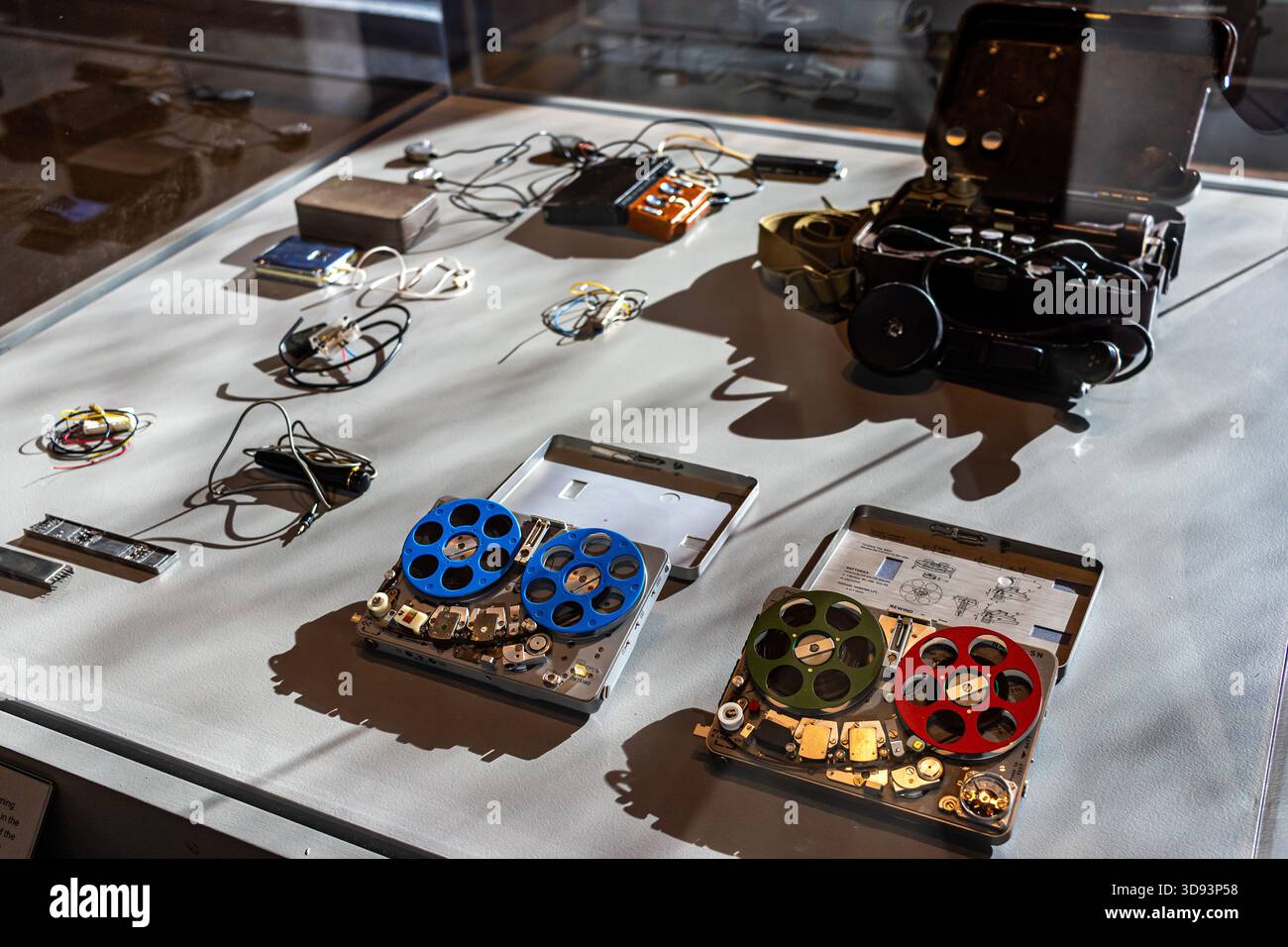 Covert listening devices from the Cold War era displayed at a museum, surveillance and counterintelligence, audio eavesdropping and spying concept Stock Photo