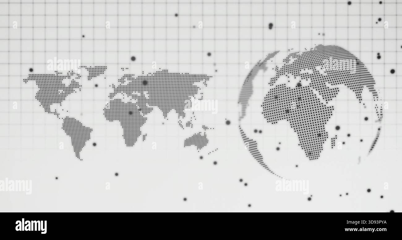 Displaying halftone Mercator map and halftone spherical globe on digital dashboard, with grid nodes Stock Photo