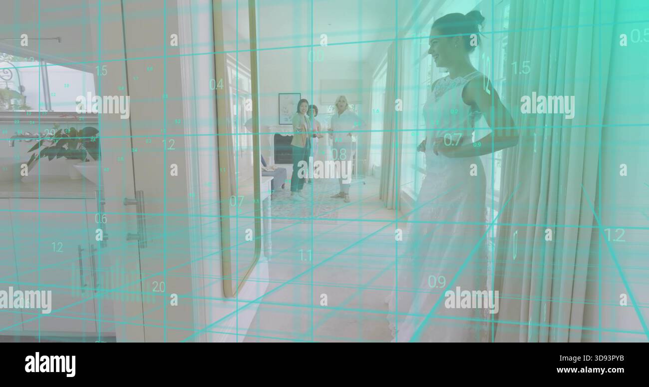 Posing woman in wedding gown in fitting hallway with group talking, teal grid overlay, copy space Stock Photo