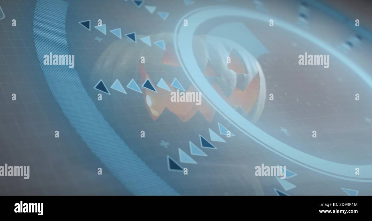 Glowing central sphere pulsing inside luminous ring on holographic dashboard, triangular chevrons Stock Photo