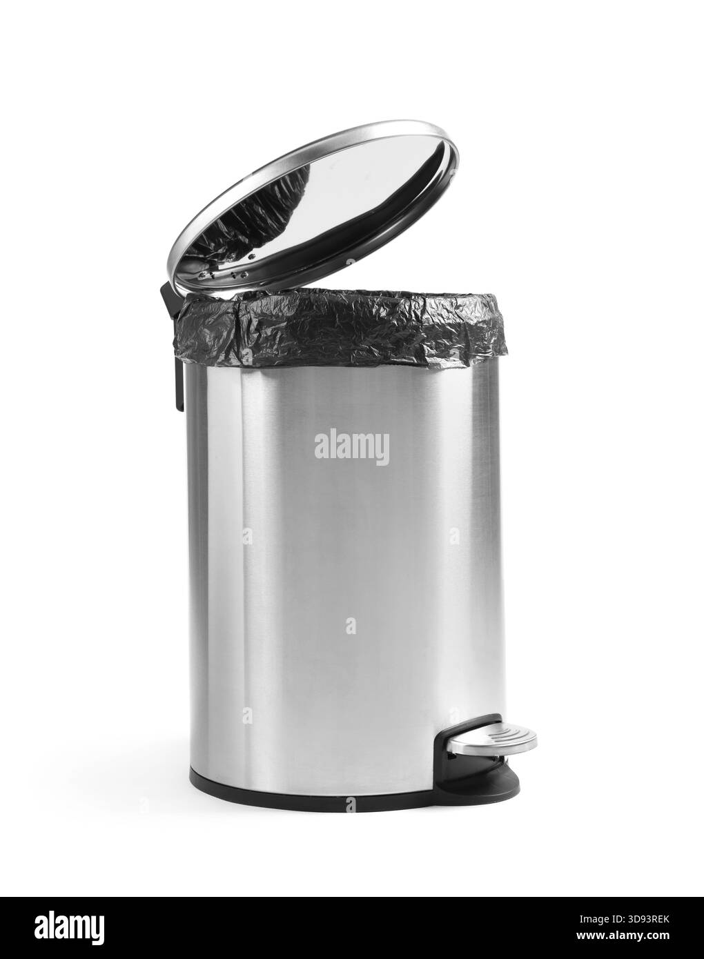 One metal trash bin with plastic bag isolated on white Stock Photo - Alamy