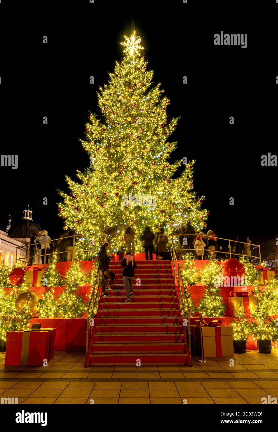 A brightly lit Christmas tree in a festive city square in Vilnius, Lithuania, Europe, at night, surrounded by people and holiday lights Stock Photo