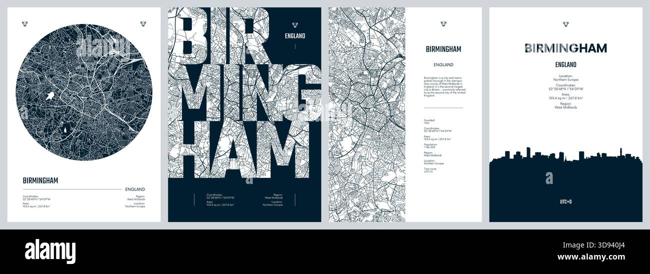 Set of travel posters with Birmingham, detailed urban street plan city ...