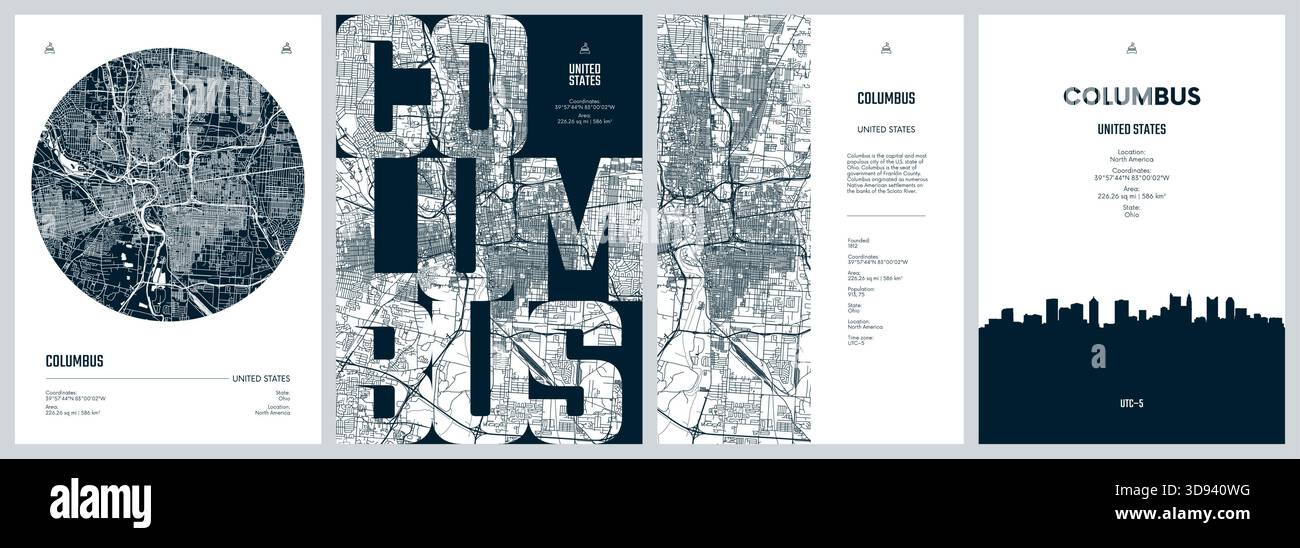 Set of travel posters with Columbus, detailed urban street plan city ...