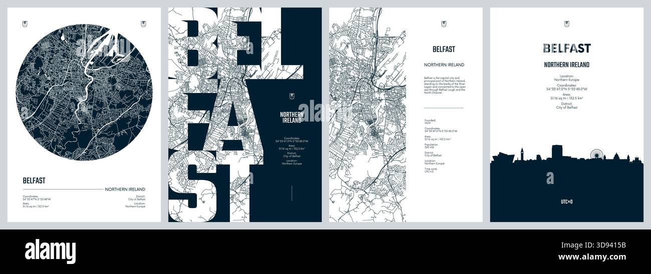 Set of travel posters with Belfast, detailed urban street plan city map ...