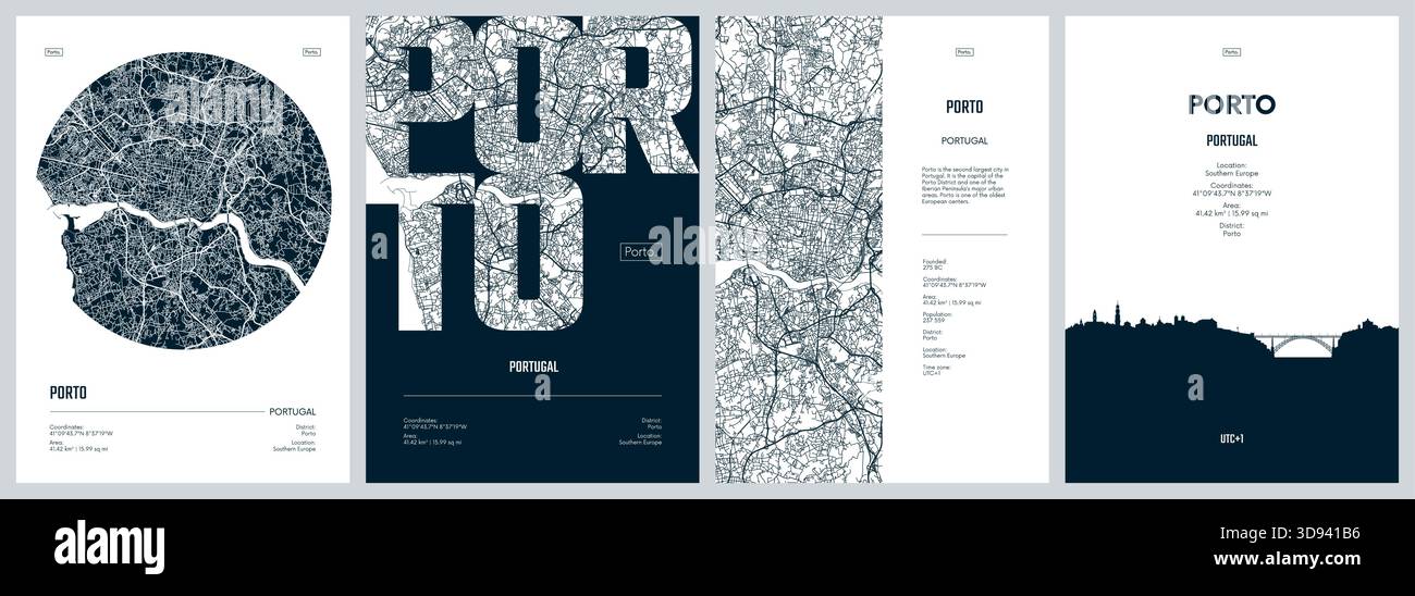 Set of travel posters with Porto, detailed urban street plan city map ...