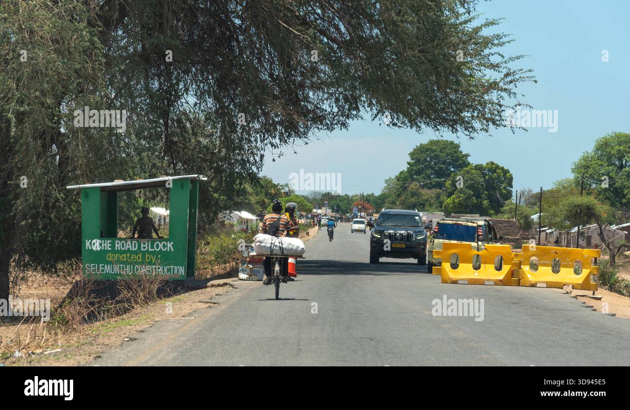 Mangochi southern Malawi Africa. Police road block to check vehicles passing through southern Malawi Africa. - Stock Image