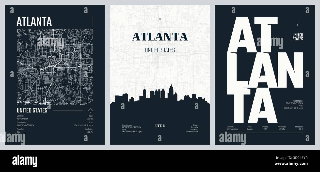 Set of travel posters with Atlanta, detailed urban street plan city map ...