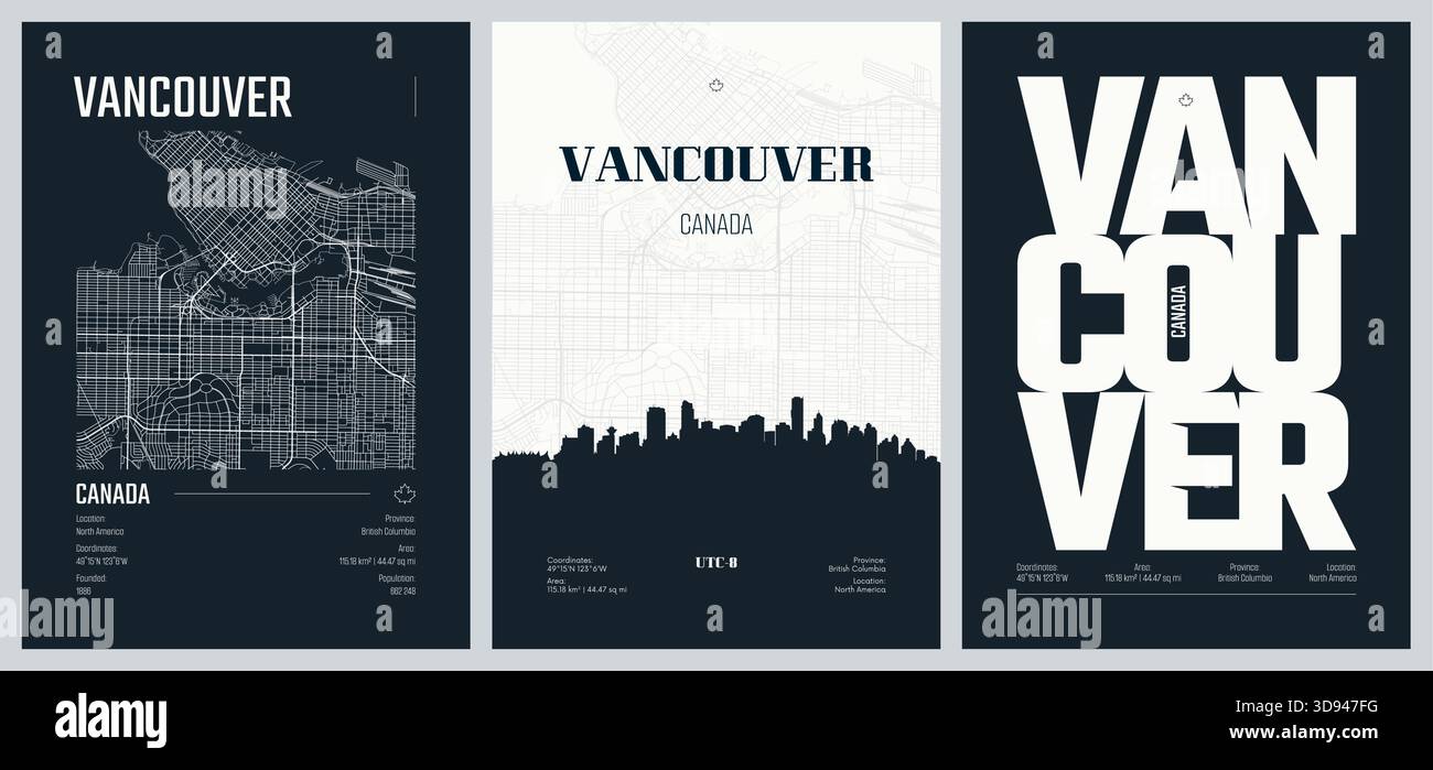Set of travel posters with Vancouver, detailed urban street plan city ...